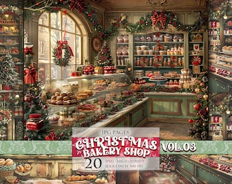 May include: A Christmas bakery shop with a variety of pastries and desserts on display. The shop is decorated with Christmas lights, garlands, and wreaths. The sign above the door reads "Christmas Bakery Shop Vol.03".