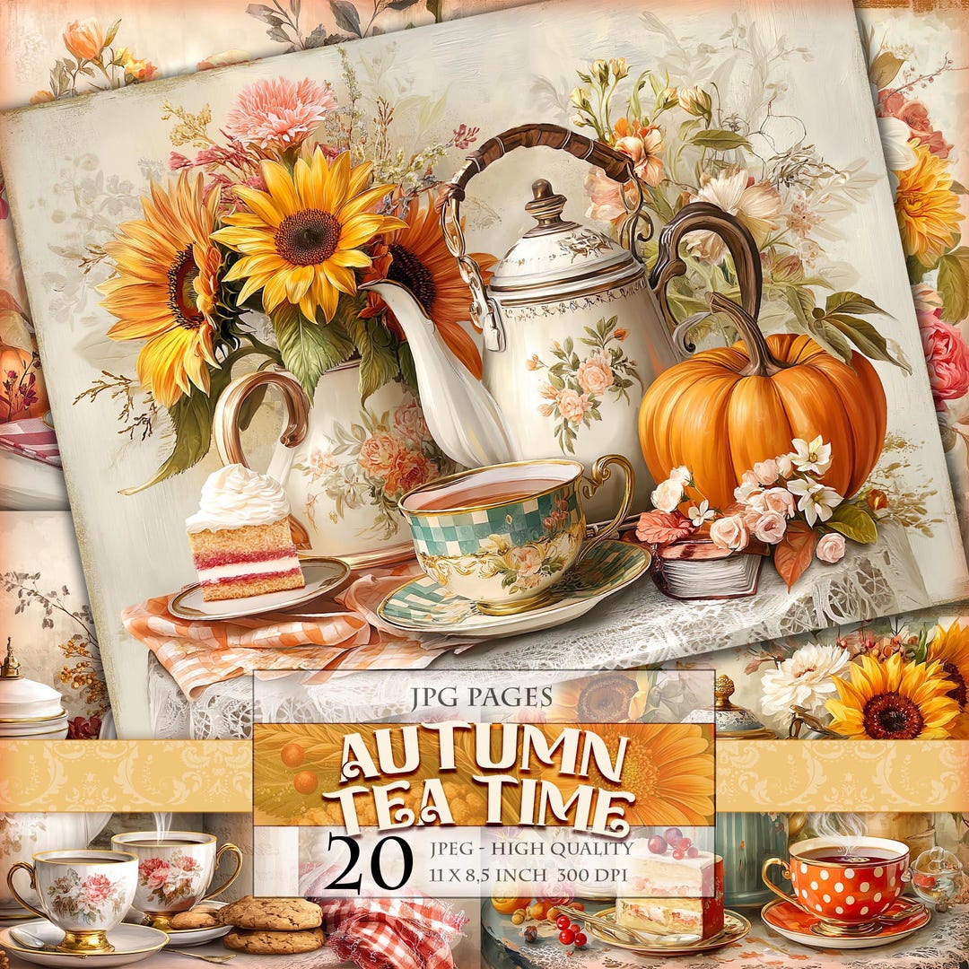 Autumn Tea Time Junk Journal Pages, Watercolor Pumpkins, Sunflowers ...