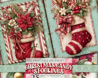 Christmas Candy - Stocking, Printable 25 JPG image page, Nostalgic Noel Socks Vintage Journal Ephemera Postcard Decoupage instant download.