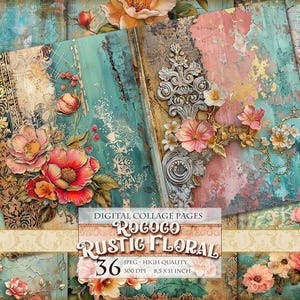 Rococo-pagina's met rustieke bloemen, afdrukbare HQ 36 JPG-afbeelding, Junk Journal Folio's, Efemere plakboeken, Knippapier, Instant download.