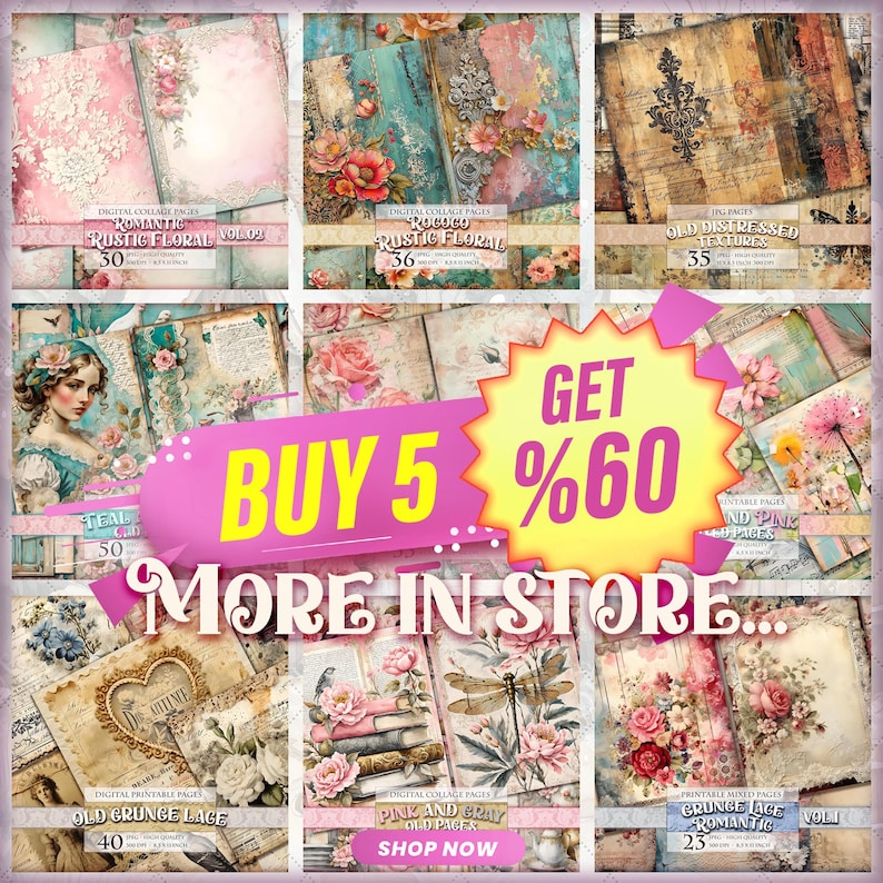 Puede incluir: Una colecci&oacute;n de p&aacute;ginas de collage digital con dise&ntilde;os florales y vintage. Las p&aacute;ginas presentan una variedad de colores, incluyendo rosa, turquesa y marr&oacute;n. El texto incluye "Romantic Rustic Floral", "Old Distressed Textures" y "Pink and Gray Old Pages".