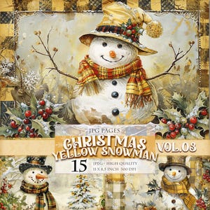 Gelber Schneemann Vol.03, Weihnachten Winter Landschaft 16 JPG Bild zum ausdrucken, Scrapbook Junk Journal Ephemera Postkarte Sofort download.