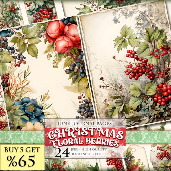 Christmas Floral Berries, Watercolor Printable Junk Journal Pages, Labels, ATC, 24 JPG - 8 X 11 inch, Instant download, Digital sheets