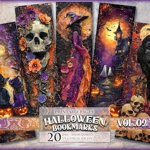 May include: Set of five Halloween-themed bookmarks with spooky illustrations. The bookmarks feature images of a skull, a witch, a haunted house, and a raven. The text "Halloween Bookmarks Vol. 02" is visible. Each bookmark measures 2 x 6.5 inches.