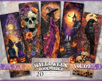 Halloween Bookmarks Vol.02, Watercolor Digital Sheets, 2x6,5 inch 20 Bookmarks in 4 printable JPG pages Instant download.