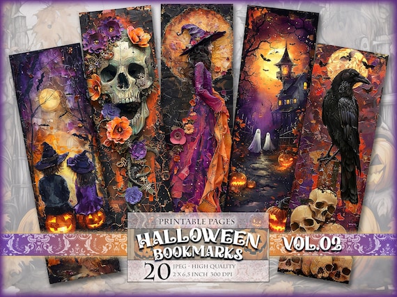 Halloween Bookmarks Vol.02, Watercolor Digital Sheets, 2x6,5 inch 20 Bookmarks in 4 printable JPG pages Instant download.