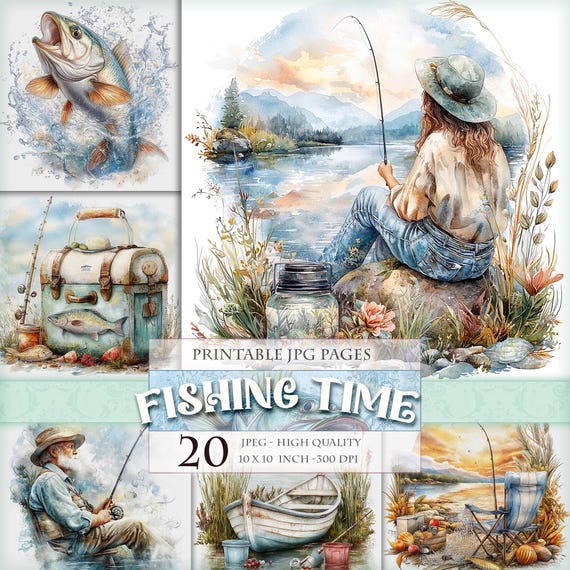 Fishing Time, Freshwater Fishing, Landscape Clipart, Printable 20 JPG image, Junk Journal Folio Pages, Scrapbook Ephemera, Instant download.
