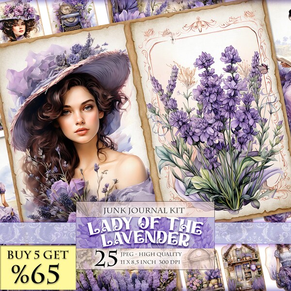 Lady Of The Lavender, Watercolor Floral Junk Journal Kit, 25 JPG - 11X8.5 inch, Instant download and printable, Digital collage sheet