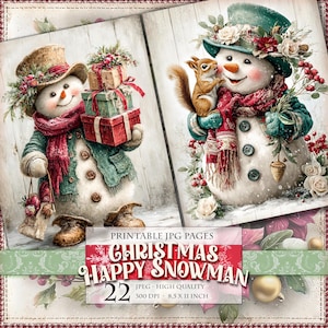 May include: Digital artwork of two snowmen in winter attire. One holds gifts, the other a squirrel. Both wear hats, scarves, and coats. The image includes text: "CHRISTMAS HAPPY SNOWMAN 22 JPEG - HIGH QUALITY 300 DPI - 21.59 x 27.94 cm."