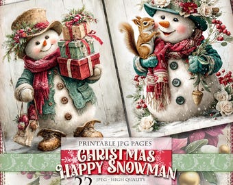 Christmas Happy Snowman, Printable 22 JPG image, Nostalgic Noel Landscape, Journal Scrapbook Ephemera Clipart Decoupage, Instant download