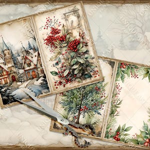 May include: Four vintage-style paper cards with a winter theme. The cards feature illustrations of a snowy village, a red berry bush, a green tree with red berries, and a border of green leaves and red berries.