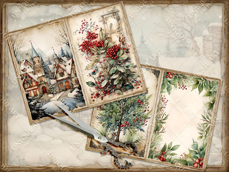 May include: Four vintage-style paper cards with a winter theme. The cards feature illustrations of a snowy village, a red berry bush, a green tree with red berries, and a border of green leaves and red berries.