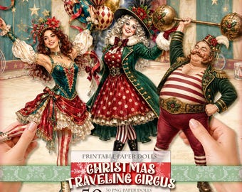 Christmas Traveling Circus Paper Dolls, 30 PNG Characters, 10 Backdrops and 10 Printable Sheets, Vintage Holiday Clipart Kit