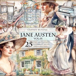 Jane Austen Vol.01 Romantique - Bundle de cliparts aquarelle vintage - Sens et sensibilité - Téléchargement instantané au format PNG imprimable HQ.