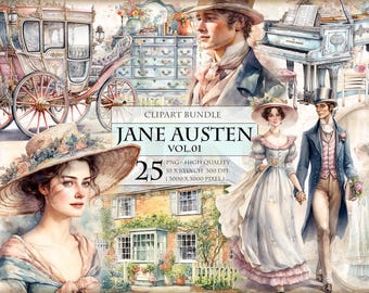 Jane Austen Vol.01 Romantic - Vintage Watercolor Clipart Bundle - Sense & Sensibility - HQ Printable PNG format instant download.