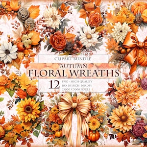 Pacote de guirlandas florais de outono, flores de outono, clipart em aquarela - formato PNG para impressão em alta qualidade, download instantâneo.