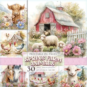 Frühling Tiere auf dem Bauernhof, Blumen Landschaft Clipart, druckbares JPG Bild, Junk Journal Folio Seiten, Scrapbook Ephemera, Sofort Download.