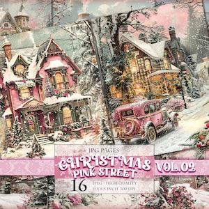 Christmas Pink Streets Vol.02, Winterlandschaft, druckbare digitale Scrapbook Seiten, 11 x 8,5 Zoll 16 JPG, Decoupage Postkarte, sofort download.
