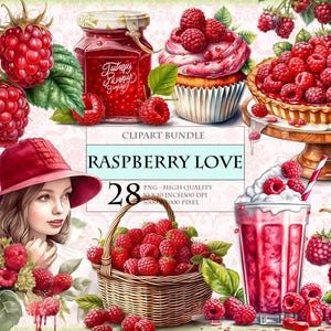 Raspberry Love, Frutta e fiori, bundle di clipart ad acquerello, 28 PNG stampabili HQ, immagine digitale a sublimazione trasparente, download immediato