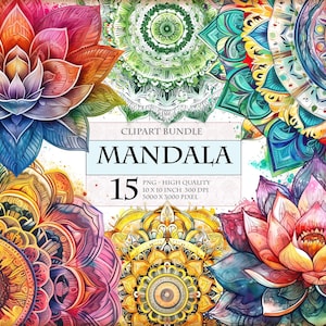 Mandala - lot de cliparts aquarelle - 15 HQ format PNG imprimable, sublimation, image transparente, téléchargement immédiat.