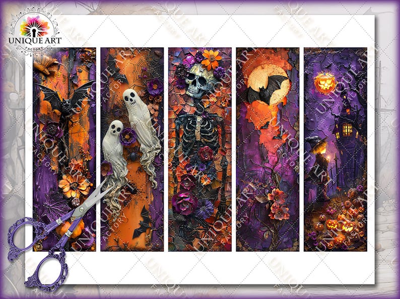 May include: A set of five Halloween-themed art panels. Each panel features a unique design with a dark color palette of purple, orange, and black. The panels depict bats, ghosts, skeletons, and a witch's house. The text "UNIQUE ART FACTORY" is visible.