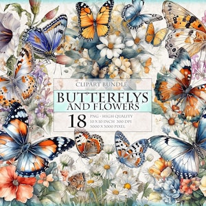 Borboleta e flores - Pacote de clipart de aquarela com tema de primavera para impressão HQ 18 imagem PNG Ephemera Fussy Cuts Embellishment download instantâneo