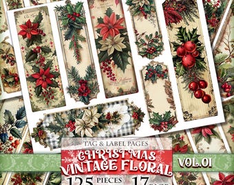 Christmas Vintage Floral Vol.01, Tags, ATC, 125 Pieces in 17 Printable Pages, Junk Journal Embellishments, Ephemera, Shabby Chic Fussy Cuts