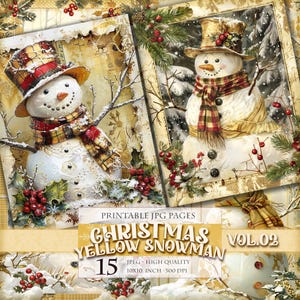 クリスマス イエロー スノーマン Vol.02、冬の風景の印刷可能な 15 枚の高画質 JPG 画像、スクラップブック ジャンク ジャーナル ページ エフェメラ ポストカードの即時ダウンロード。