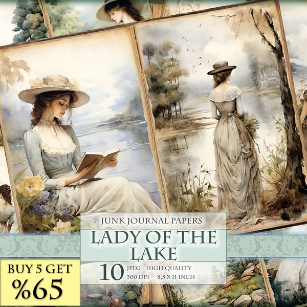 Lady Of The Lake, Romantic Women, Watercolor Junk Journal Pages, 10 JPG - 11X8.5 inch, Instant download and printable, Digital collage sheet