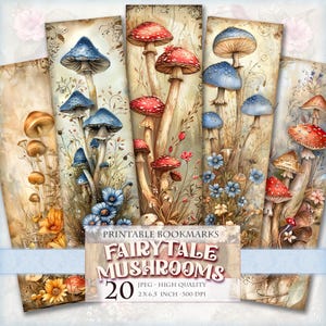 Signets champignons de conte de fées, 2 x 6,5 pouces 20 signets en 4 pages JPG imprimables, impression pour les amateurs de livres, accessoires de livres, téléchargement immédiat.