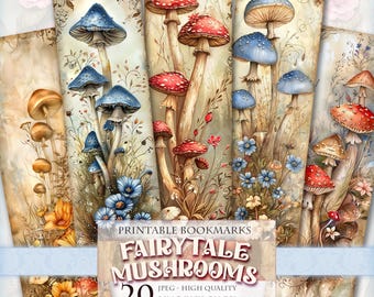 Fairytale Mushroom Bookmarks, 2x6,5 inch 20 Bookmarks in 4 printable JPG pages, Book Lover Printable, Book Accessories, Instant download.