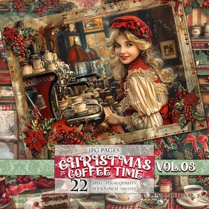 Hora del café navideño Vol.03, páginas para álbumes de recortes imprimibles, imágenes digitales en acuarela, creación de postales con decoupage para diario basura, descarga instantánea.