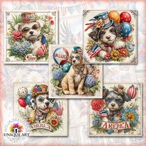 May include: A collection of five square art prints featuring adorable dogs dressed in patriotic attire. Each dog is surrounded by flowers and holds an American flag or balloons, with the text "4th July" or "America".