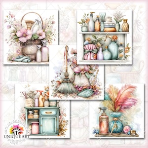 May include: Watercolor illustrations of cleaning supplies and floral arrangements. The images include a wooden bucket with flowers and spray bottles, a shelf with bottles and towels, a broom and dustpan, and a cabinet with cleaning products. The artwork has a soft, pastel color palette.