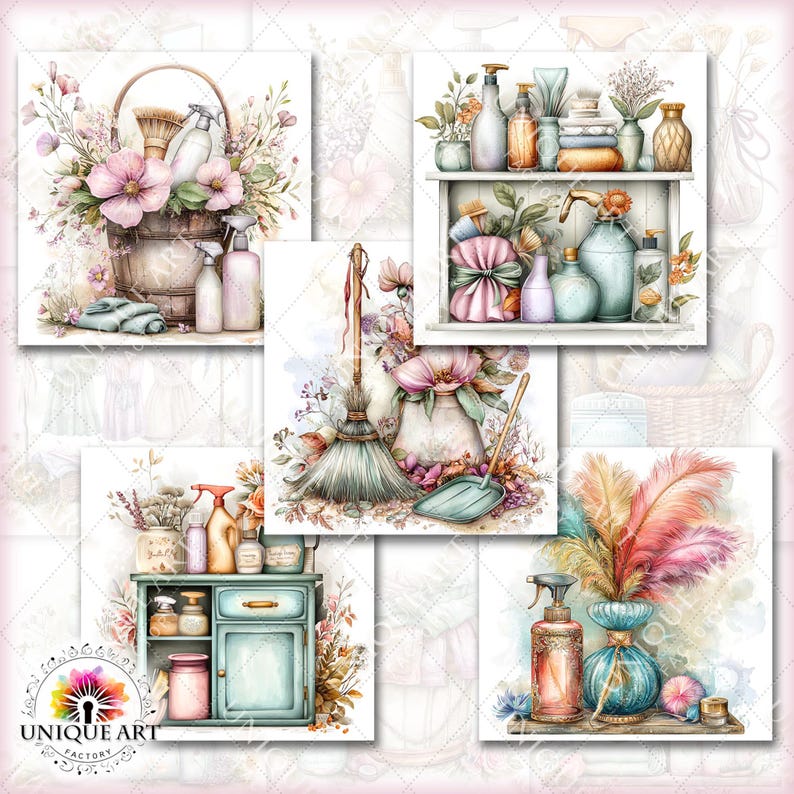 May include: Watercolor illustrations of cleaning supplies and floral arrangements. The images include a wooden bucket with flowers and spray bottles, a shelf with bottles and towels, a broom and dustpan, and a cabinet with cleaning products. The artwork has a soft, pastel color palette.