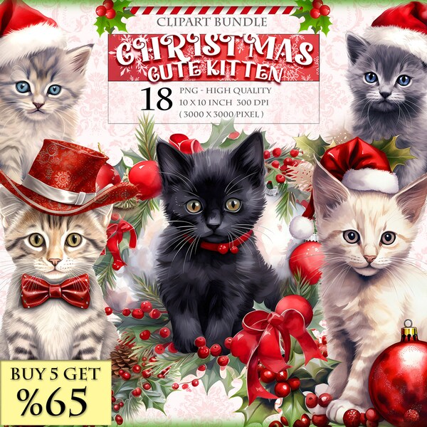 Christmas Cute Kitten / Cats, Gifts and Ornaments, Watercolor Clipart Bundle, HQ Printable, PNG format, instant download