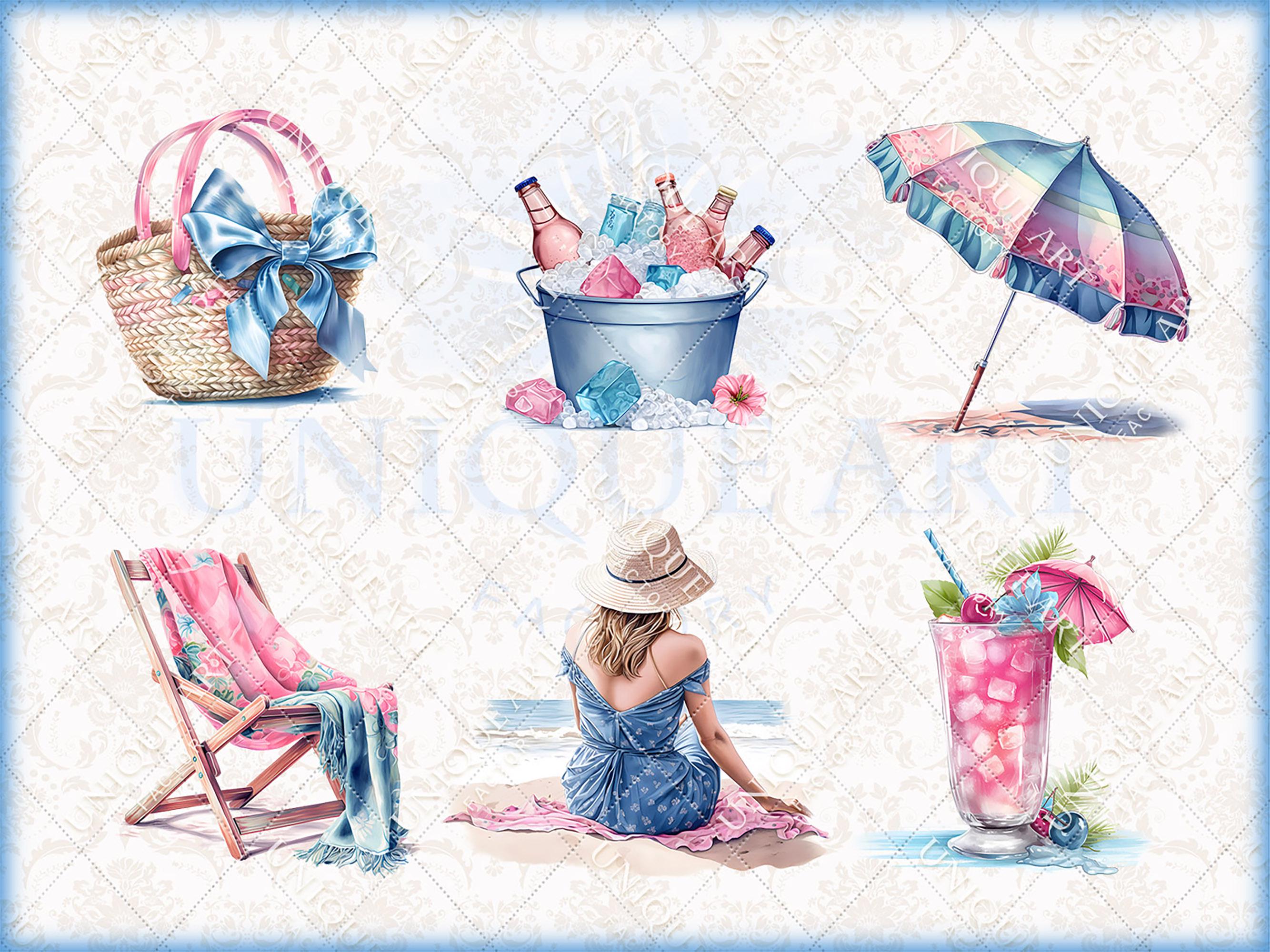 Summer Beach - Watercolor Clipart Bundle - 30 HQ Printable PNG + 12 ...