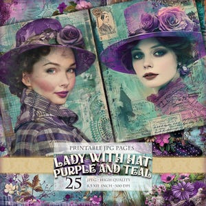 Senhora com chapéu roxo e azul-petróleo, retratos de mulheres, imagem 32 JPG para impressão, página de recordações de álbum de recortes em aquarela, papel para decoupage Download instantâneo.