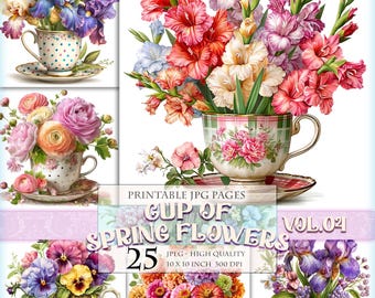 Cup Of Spring Flowers Vol.04, Vintage Teacup Floral Clipart, Paper Crafts (Digital Download)
