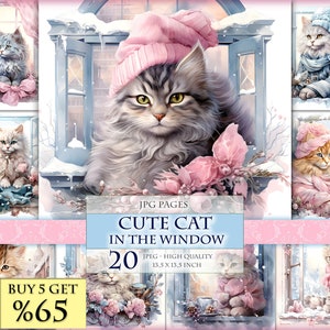 Cute Cat in the Window, Watercolor Printable Pages, HQ 20 JPG - 13,5 X 13,5 inch, Instant download.