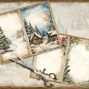 May include: Four vintage-style printable cards with a winter theme. The cards feature a snowy landscape with houses, trees, and a pair of scissors. The cards are perfect for scrapbooking, card making, or other craft projects.