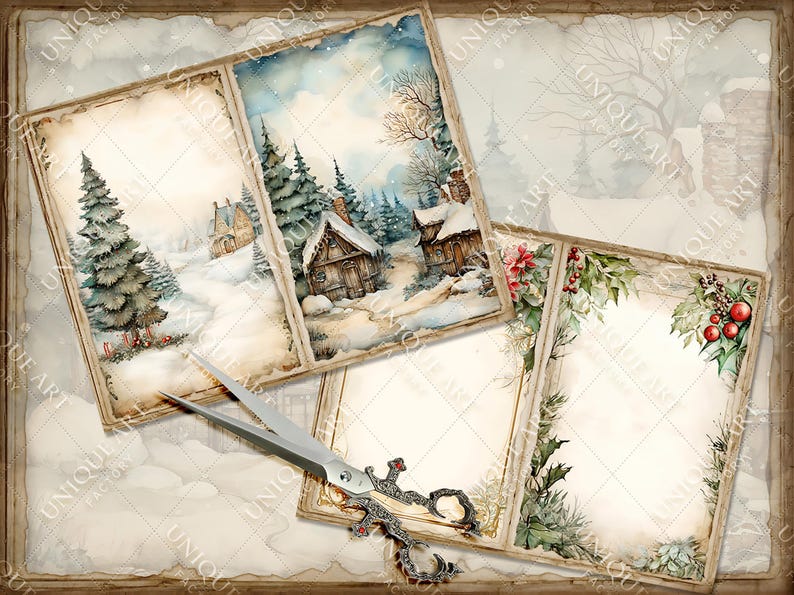 May include: Four vintage-style printable cards with a winter theme. The cards feature a snowy landscape with houses, trees, and a pair of scissors. The cards are perfect for scrapbooking, card making, or other craft projects.