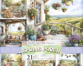 Spring Porch Junk Journal Pages, 21 Vintage Garden Veranda Digital Papers, Rustic Floral Scrapbook Ephemera, Victorian Backyard Designs