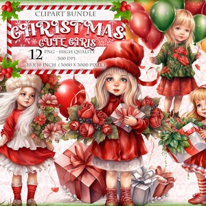 Imágenes prediseñadas navideñas de niñas, regalos y globos, acuarela, 12 imágenes imprimibles en alta calidad, formato PNG, transparente, sublimación, descarga instantánea.