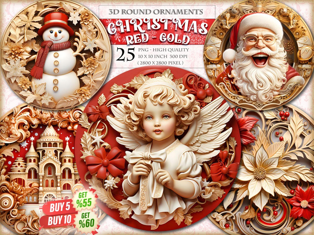 3D Christmas Round Ornaments, Red and Gold , Clipart Bundle, 25 HQ ...