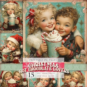 Amantes del chocolate caliente navideño, 15 imágenes JPG imprimibles en alta calidad, imágenes prediseñadas retro vintage, álbum de recortes, diario basura, postal, decoupage, descarga instantánea