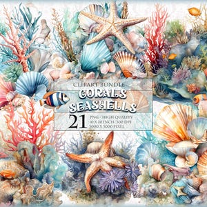 サンゴと貝殻、水中をテーマにした水彩画クリップアート バンドル、印刷可能な 21 個の PNG 画像、透明な昇華、即時ダウンロード。
