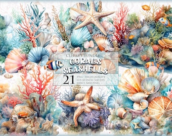 Koralen en schelpen, onderwaterthema aquarel clipart bundel, afdrukbare 21 png-afbeelding, transparante sublimatie, instant download.
