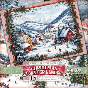 Paisaje del centro de esquí navideño Vol.02, imagen JPG HQ imprimible de 15, postal de álbum de recortes Shabby Chic con acuarela, descarga instantánea.