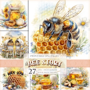Bee Story, wiosenne kwiatowe kliparty, wydrukowany obraz JPG w wysokiej rozdzielczości, strony folio do dziennika śmieci, pamiątki do scrapbookingu, grafika cyfrowa, natychmiastowe pobranie.
